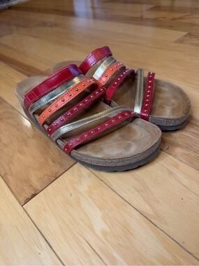 NAOT Prescott Strappy Studded Leather Slide Sandals Red Gold Orange EU 39 US 8